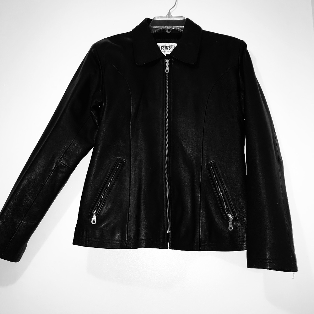 Vintage 90s Y2K Kids AKNY Leather Jacket Black Moto Biker Coat XL 14 16 Real